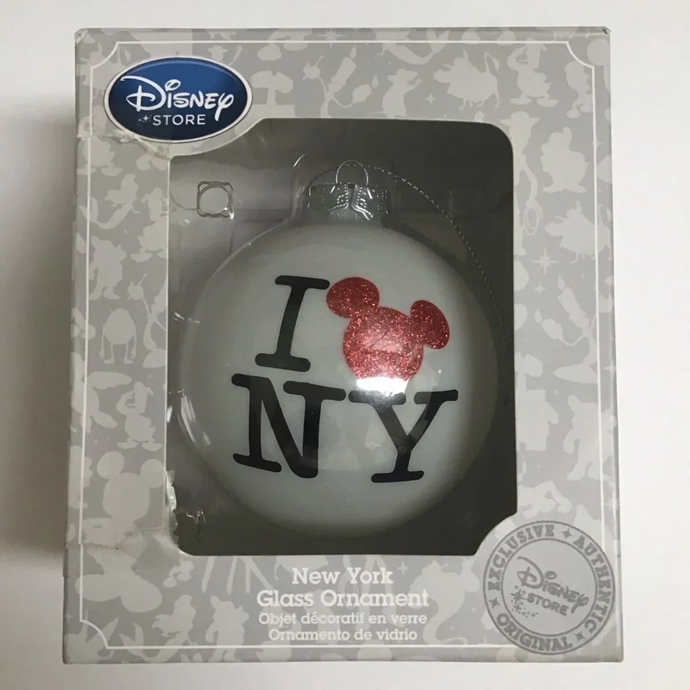Disney I LOVE NEW YORK Glass Christmas Ornament Red Mickey Ears Authentic NEW